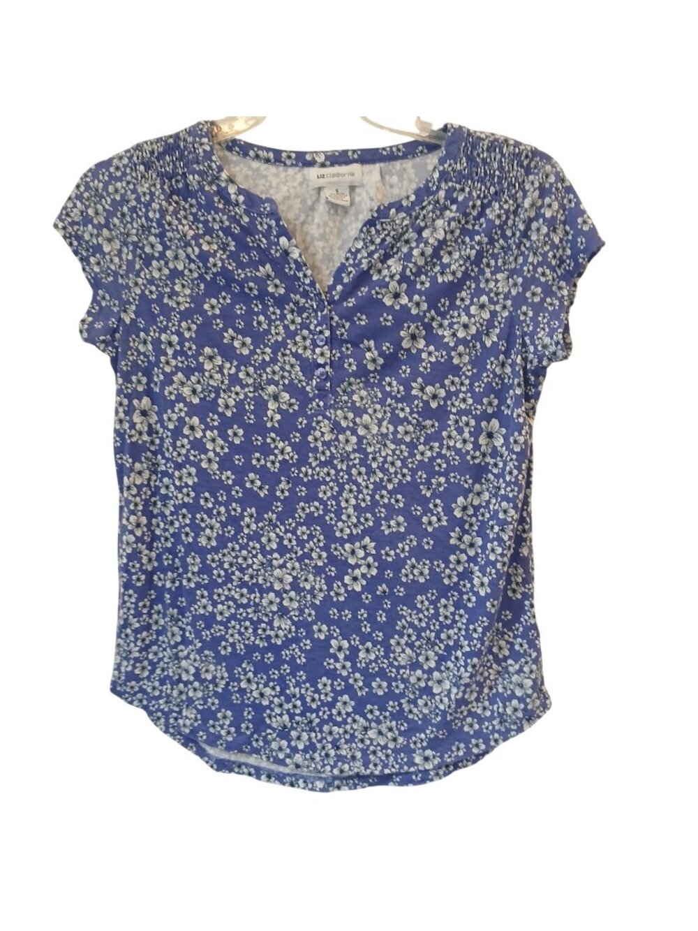 Liz Claiborne Womens Small Top Blue Floral Short Sleeve Rayon Blend #D-33